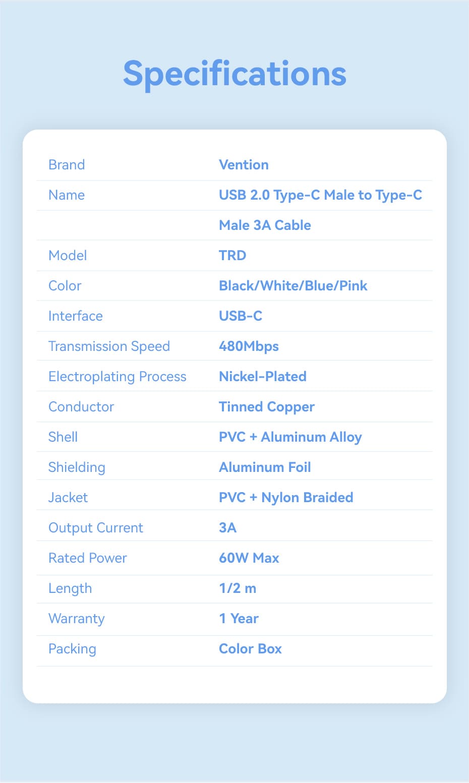 USB 2.0 Type-C Male to Type-C Male 3A Cable 1M Black Aluminum Alloy Type