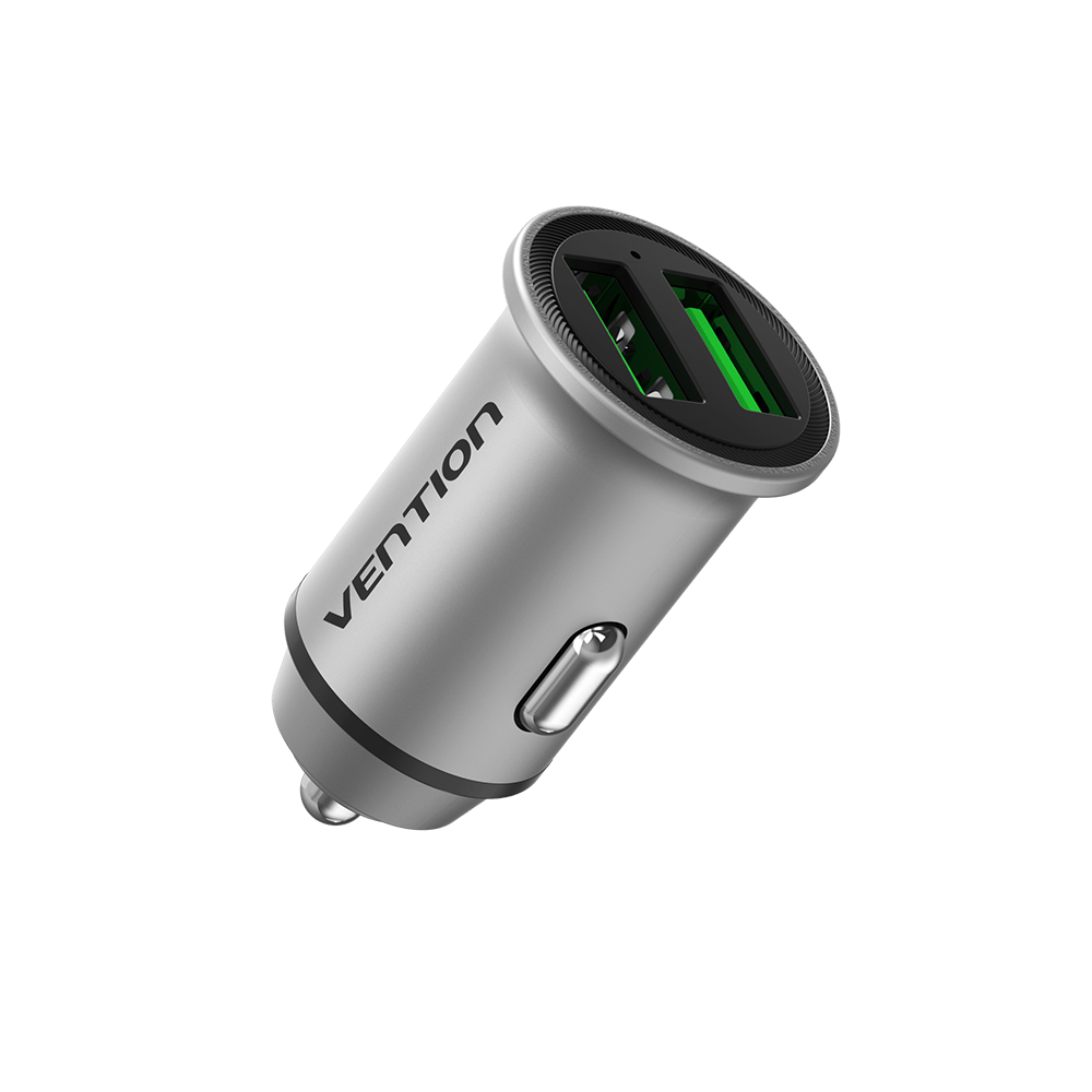 Two-Port USB A+C(18/20) Car Charger Gray Mini Style Aluminium Alloy Ty