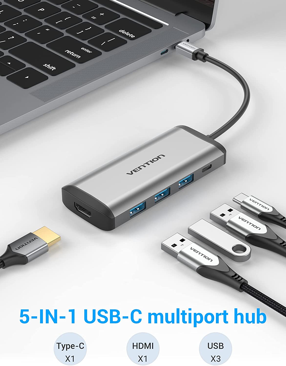 VENTION Adaptador USB C HUB Thunderbolt 3 a multipuerto USB 3.0 con 4  puertos USB 3.0 para MacBook Pro/Air iPad Pro Pixelbook Samsung Galaxy S20  S10