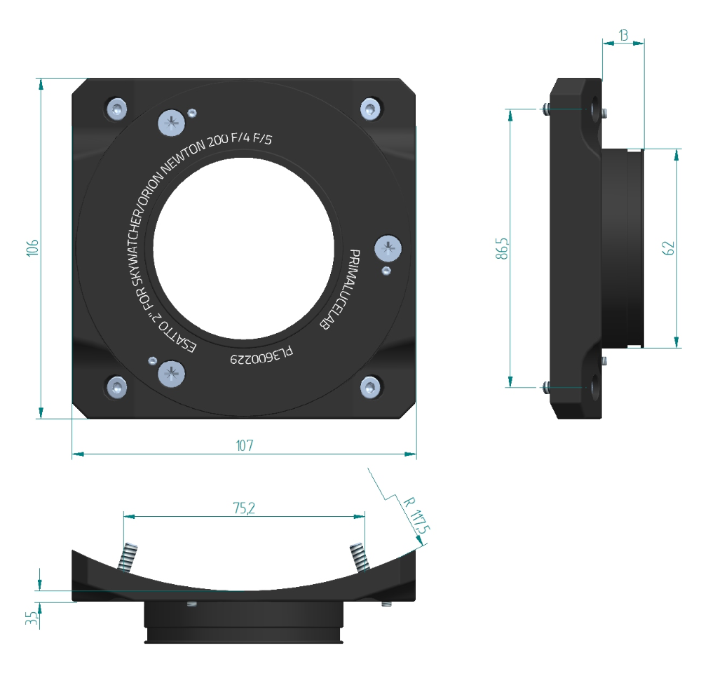 ESATTO 2" Adapter for SkyWatcher/Orion Newton 200 f/4 and f/5 - Dimensions