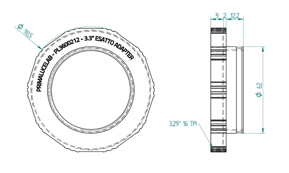 ESATTO 2" Adapter for Telescopes with Large 3.3" SC Thread - Dimensions