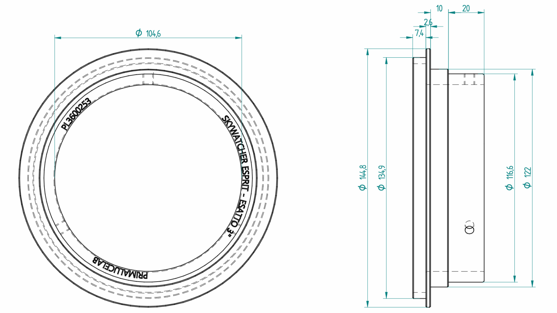 ESATTO 3" Adapter for SkyWatcher ESPRIT 120 ED and 150 ED - Dimensions