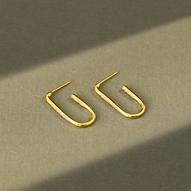 925 Sterling Silver Pavé Crystal Geometric U-shaped Stud Earrings Women Korean Fashion Simple Party Jewelry Girlfriend Gift