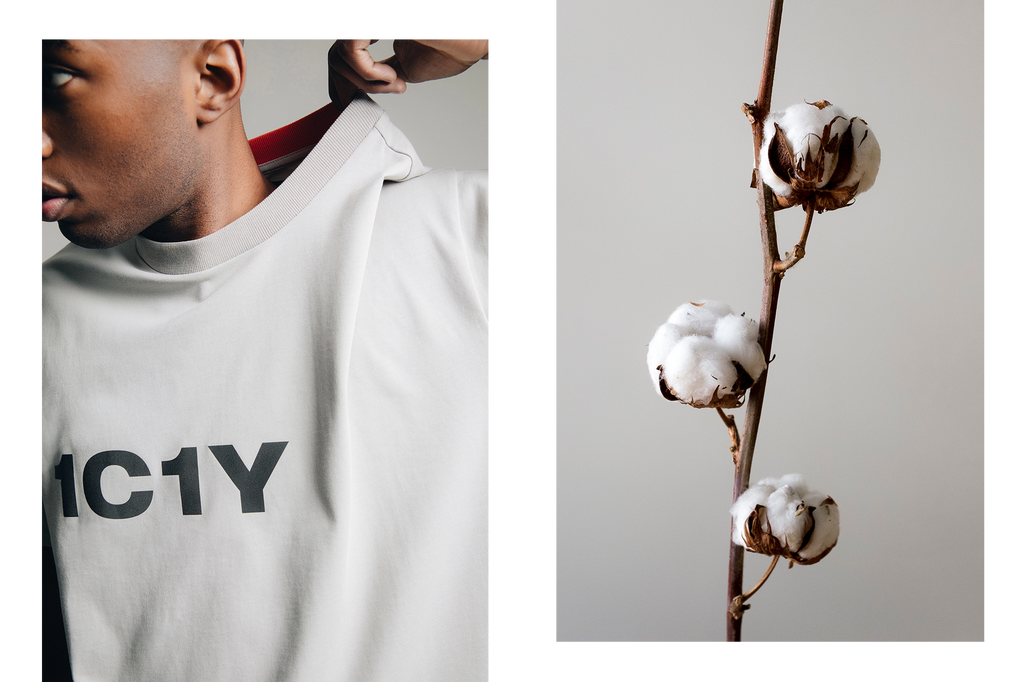 organic cotton t shirt collage picture with cotton plant and 1c1y social fashion webshop picture