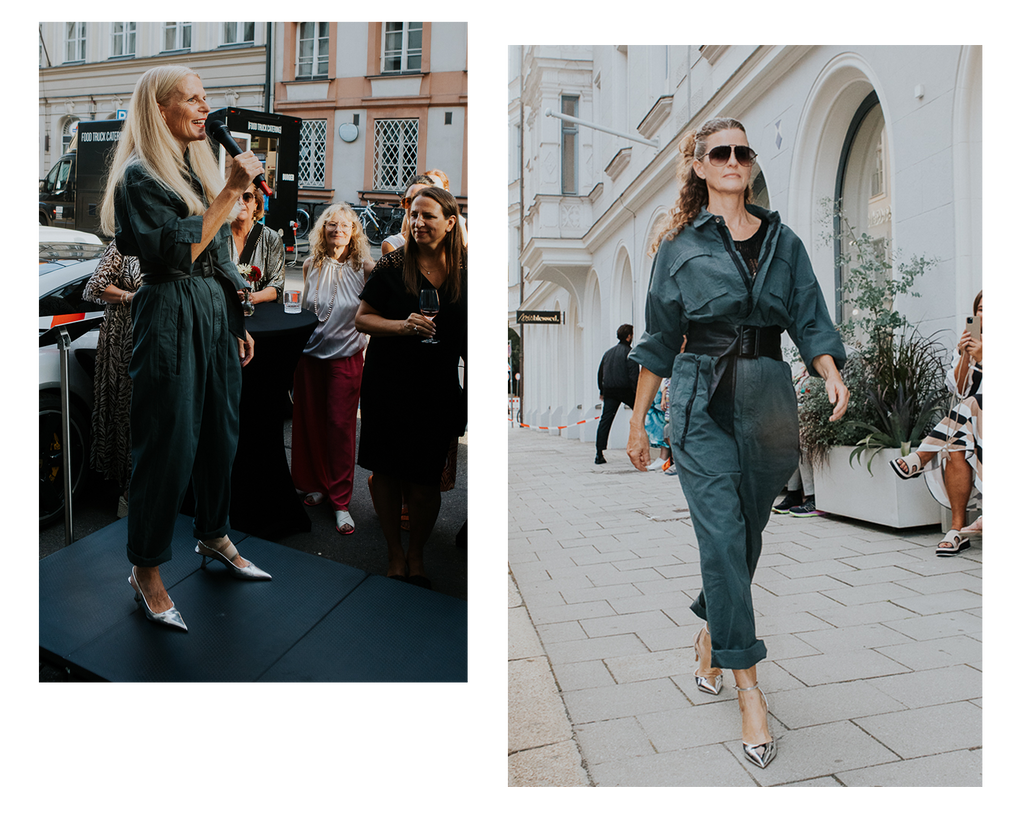 picture of two models wearing 1c1y grey overall with leather belt