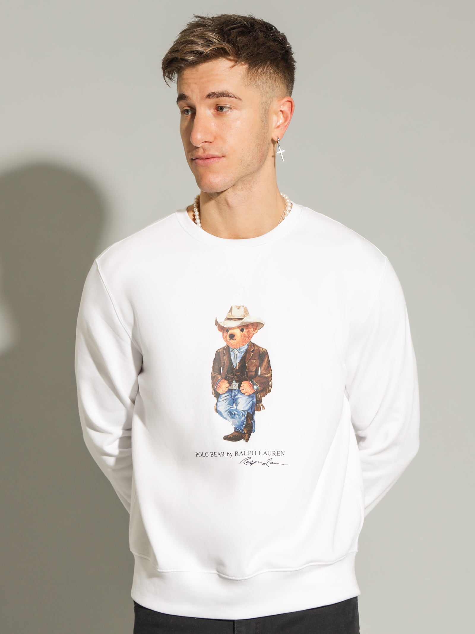 Cowboy Bear Crew Sweat in White - Glue Store NZ