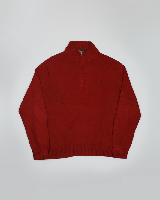 Polo Ralph Lauren röd stickad bomulls 1/4 zip sweater (XL)