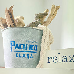 vintage bucket with driftwood and rope, anchored soul relax sign, coastal decorating ideas