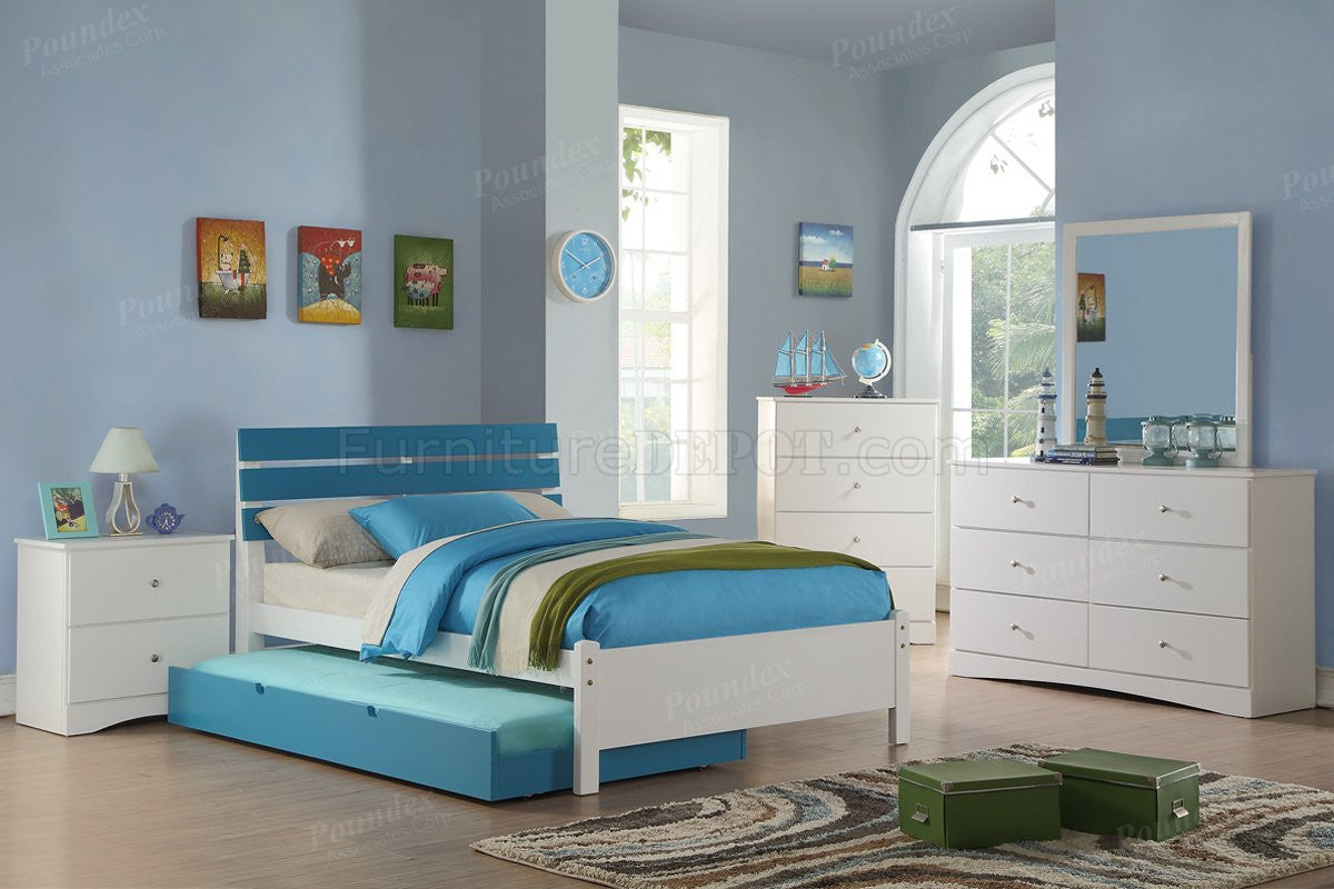 Unisex White Blue Trundle Bedroom Set