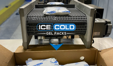 Image of Ice Cold Gel Packs being put into a box that says "The Best, Durable, And Efficient Gel Packs for business logistics".