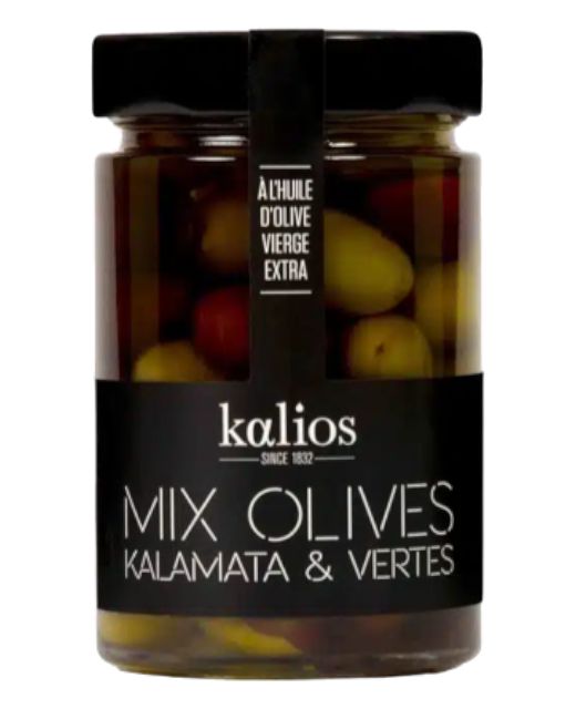 MIX OLIVES KALAMATA & CHALKIDIKI A L'HUILE D'OLIVE - 310G - KALIOS - Cave du Moros