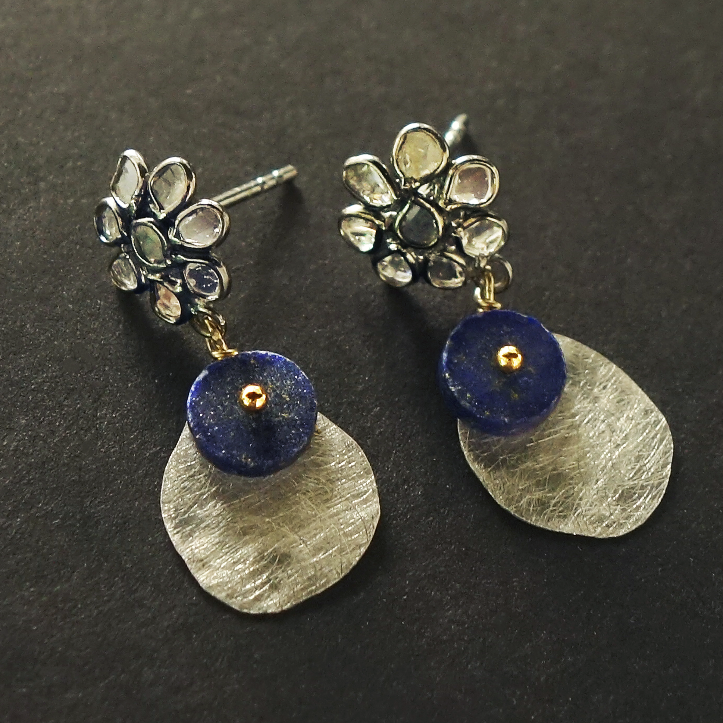 Ancient Elements: sliced diamonds, lapis, and silver earrings