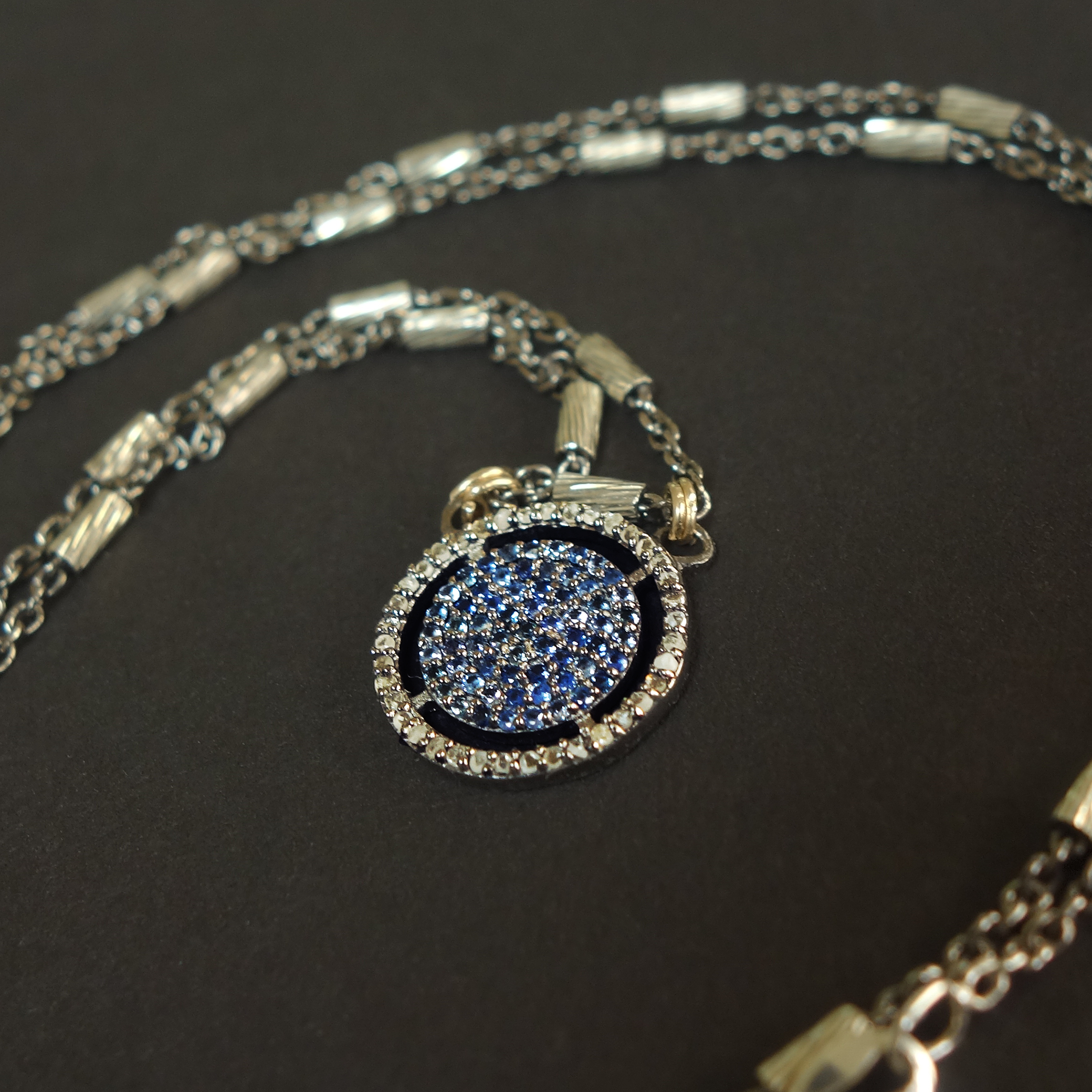 Pave diamond + blue sapphire necklace