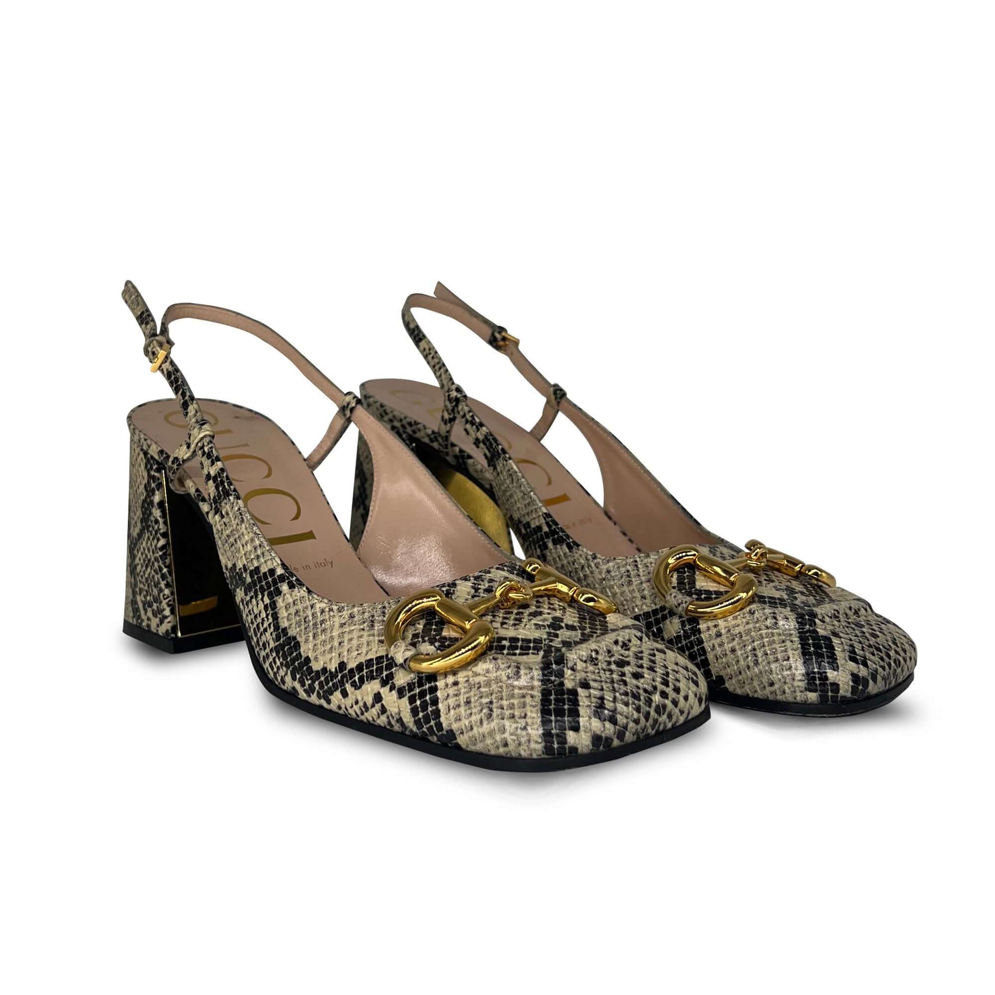 Gucci beige and black leather python print horsebit slingback pumps –  VintageBooBoo Pre owned designer bags, shoes, clothes