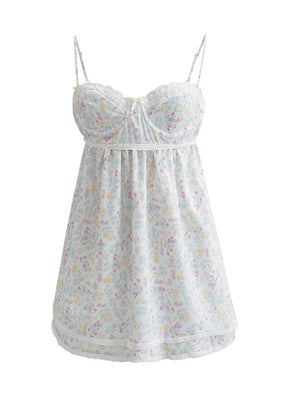 Oklulu  Sexy Women Lace Trim Floral Print Sling Dress Sleeveless Ladies Summer Holiday Party Mini Dress - oklulu