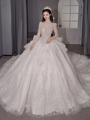 Oklulu Lace Beading Wedding Dresses For Women 2024 Spring Princesss Vintage High Neck Long Sleeves Bridal Ball Gown - oklulu