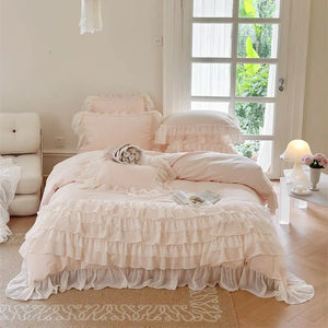 1000TC Egyptian Cotton Brushed Romantic French Princess Wedding Cake Lace Ruffles Bedding Set Duvet Cover Bed Sheet Pillowcase - oklulu