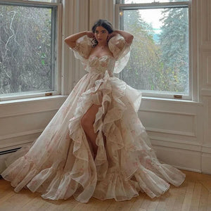 Oklulu Floral Girl Evening Dresses Prom Dresses Graduation Birthday Party Dresses Ruffles Slit Prom Gown Puff Sleeves Dress - oklulu