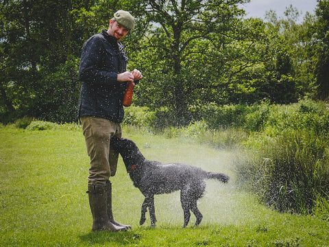 Wet Labrador and owner