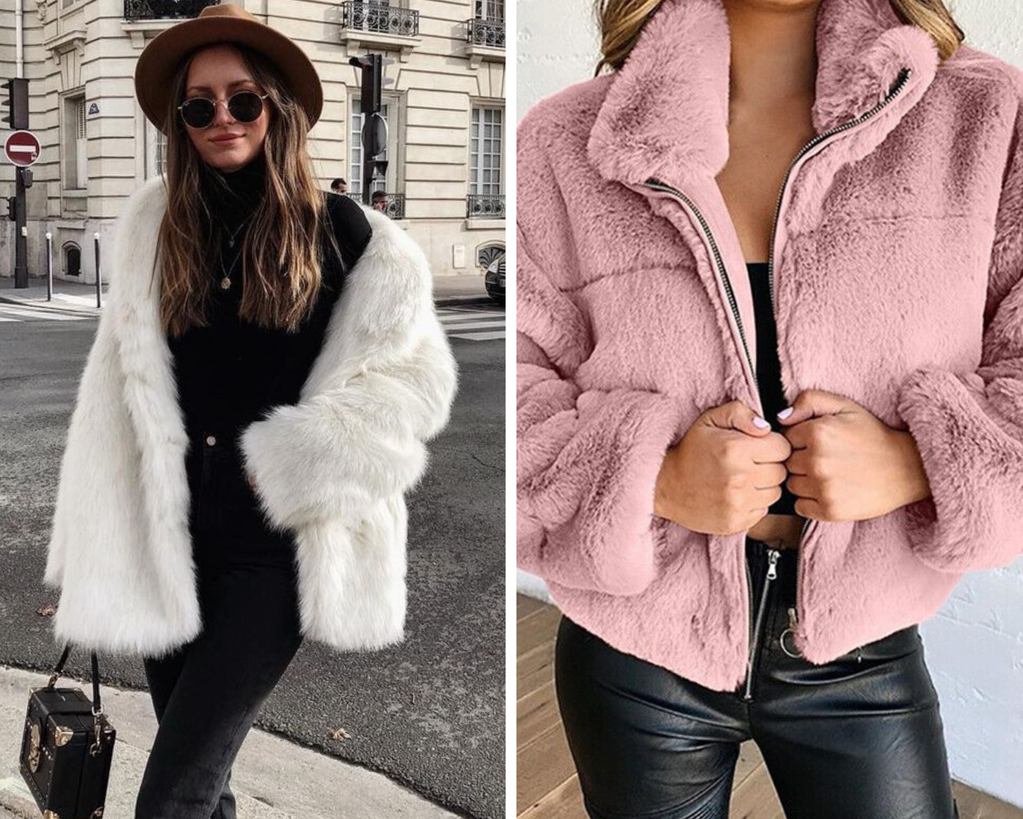 Women wearing faux fur jacket - cruelty free - white faux fur jacket - pink faux fur jacket