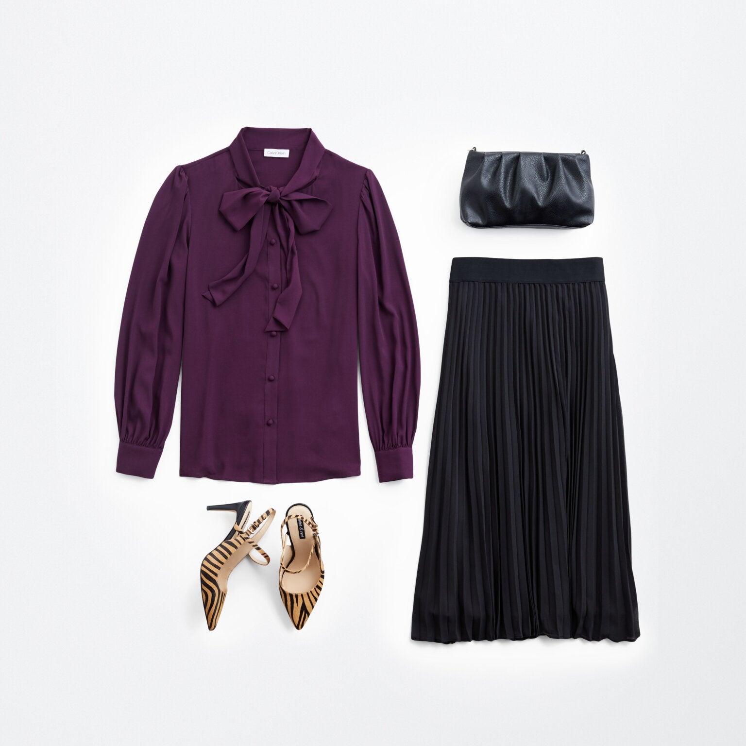Jewel tone - Amethyst Purple - Purple blouse flat lay, flowy skirt, black bag, heels
