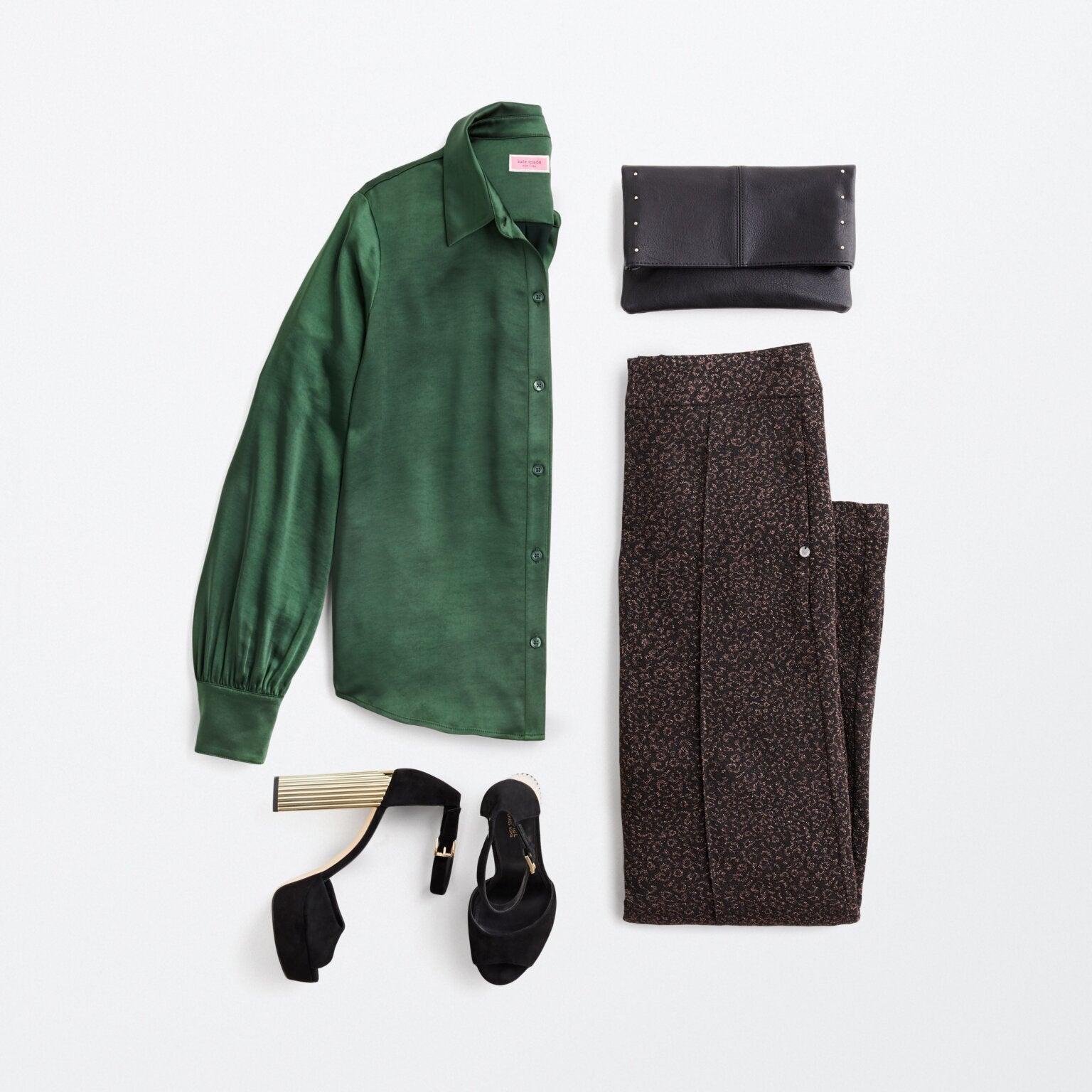 Jewel tone - Emerald Green - Green blouse flat lay, trouser, black bag, heels