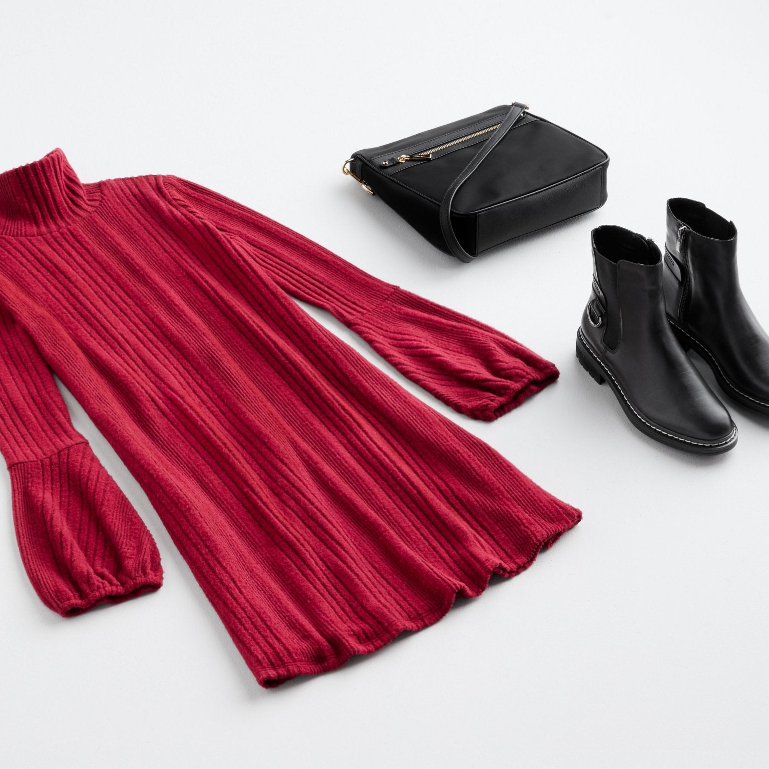 Jewel tone - Ruby Red - Dress Sweater flat lay, black boots, black bag