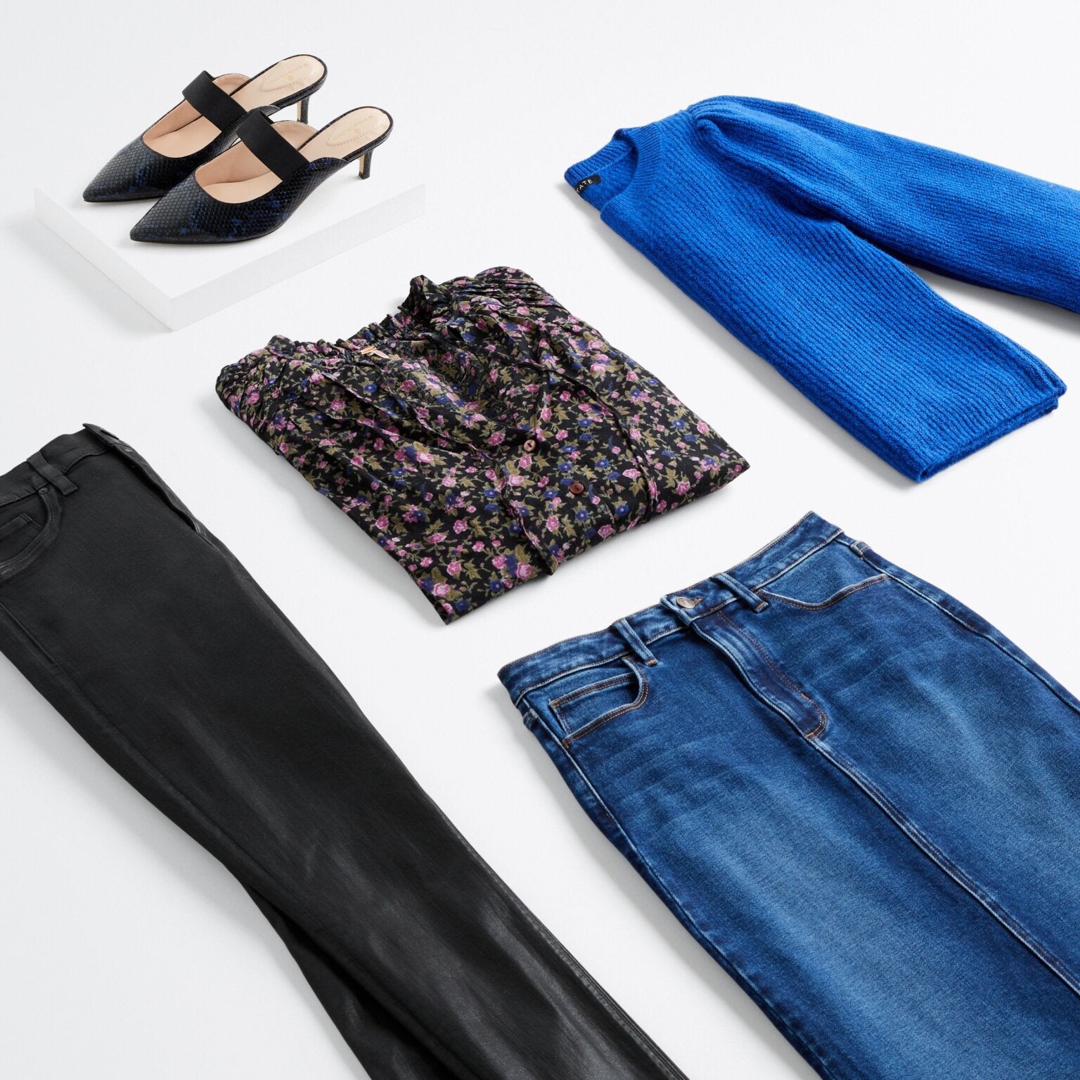 Jewel tone - Sapphire Blue - Sweater flatlay, jeans, floral blouse, black heels