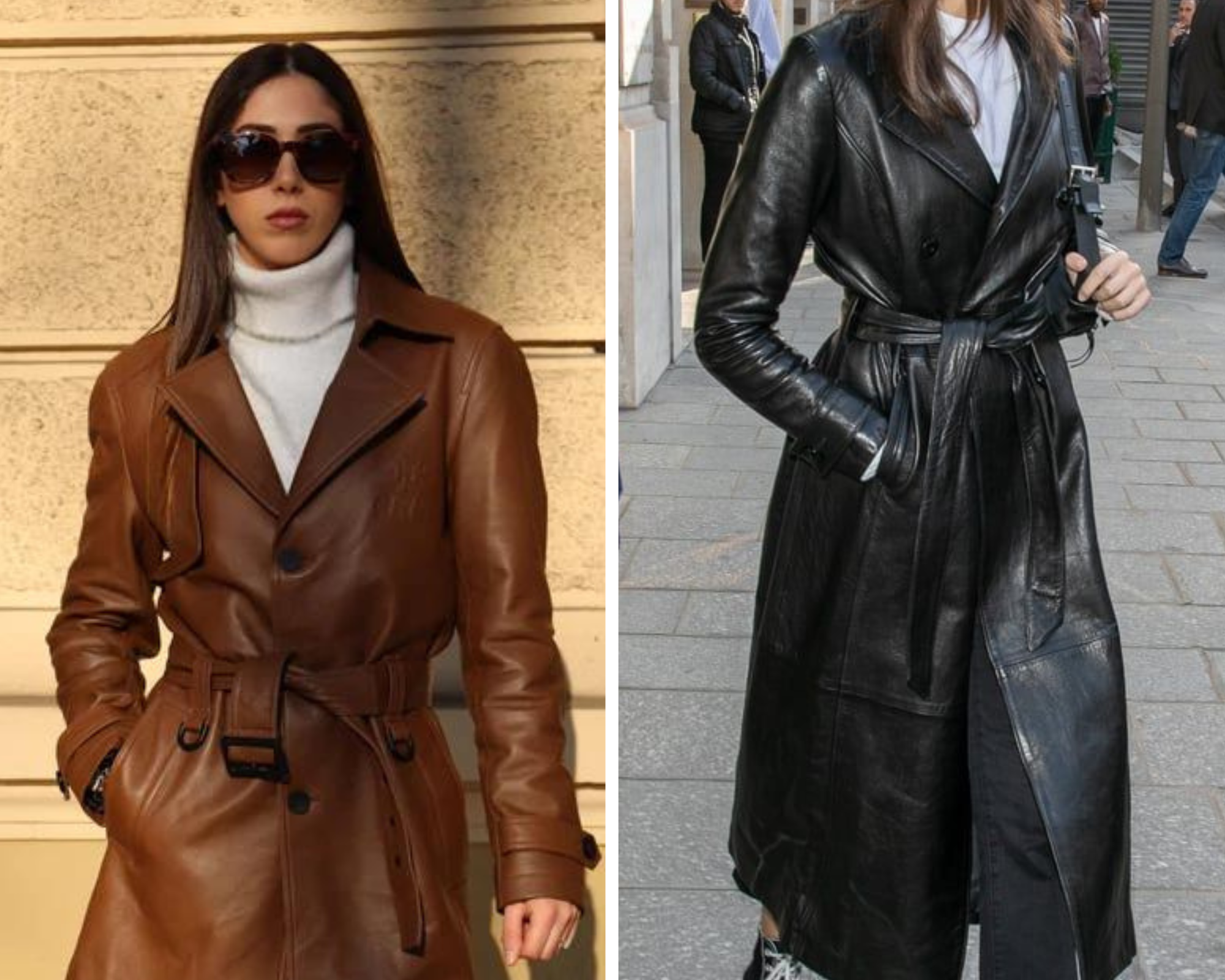 Women wearing leather trench coat - black leather trench coat - brown leather trench coat
