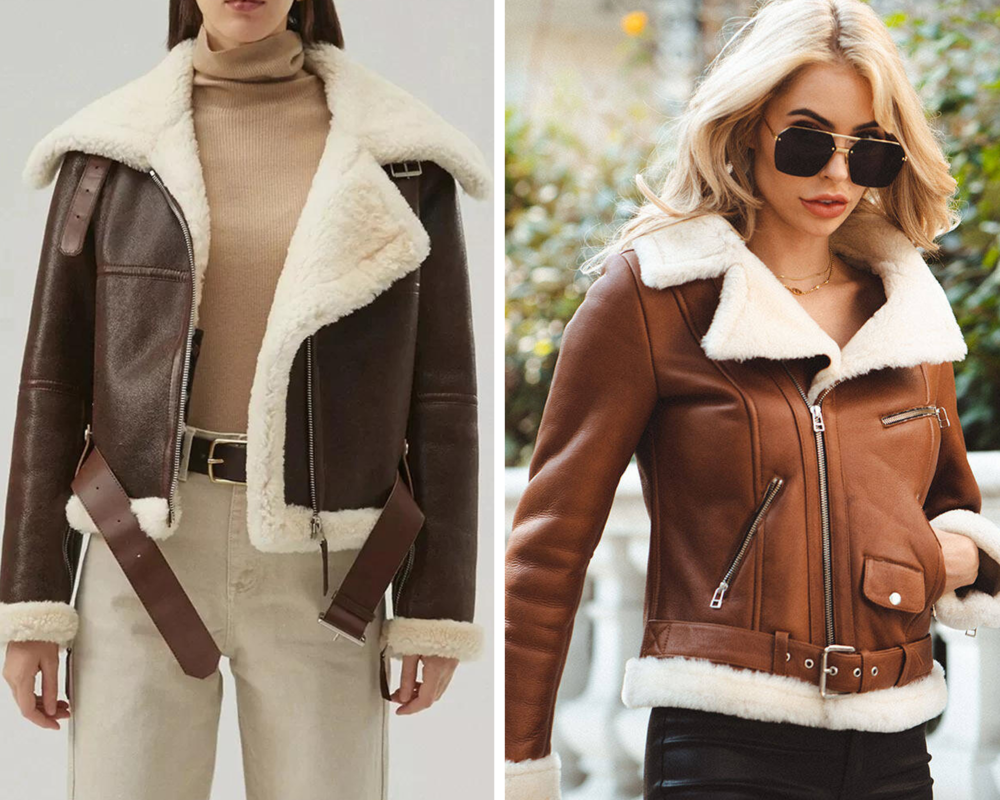 Women wearing shearling aviator jackets - brown aviator jacket - camel aviator jacket