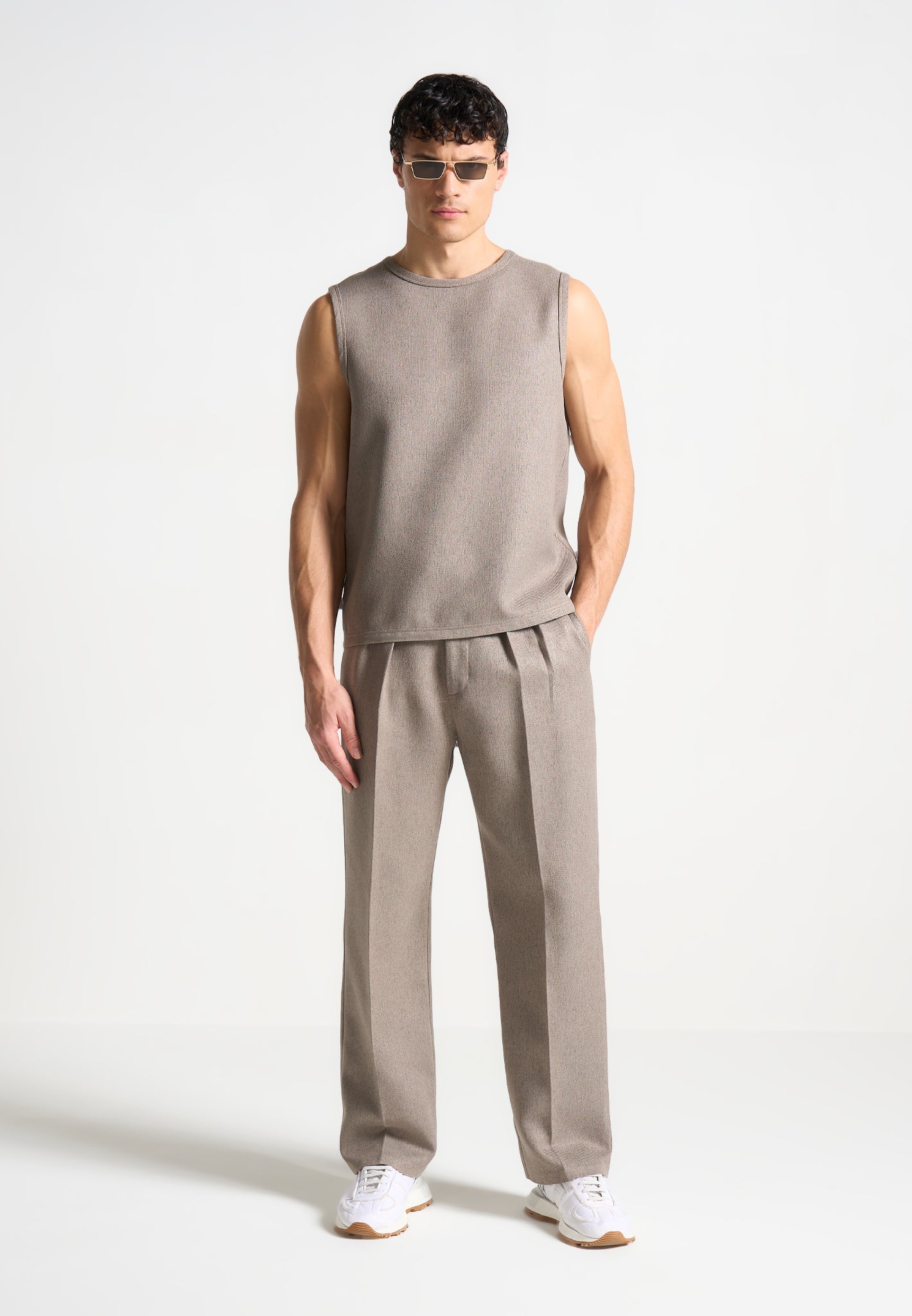 Relaxed Fit Textured Pleated Tailored Trousers - Taupe - Manière De Voir Canada product image