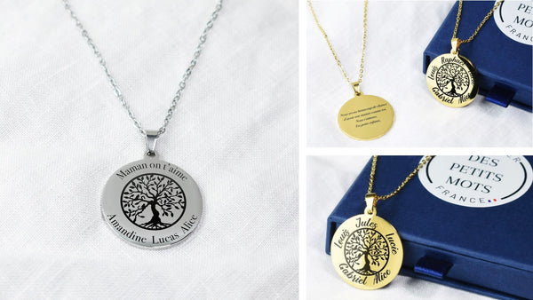 three images with stainless steel tree of life necklaces