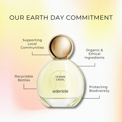 Flacon de parfum Edeniste indiquant les actions menées en faveur du développement durable pour la journée de la Terre.