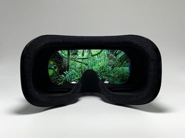 View through the DroneMask lens; a lush, green forest scene visible through the lenses. 