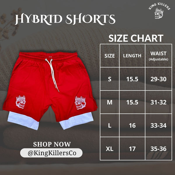 2 in 1 hybrid gym shorts for men size chart - King Killers Apparel