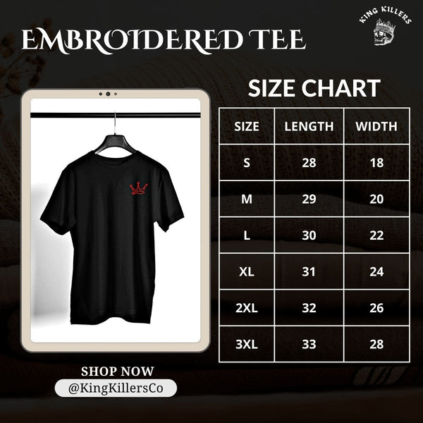 Embroidered t shirt size guide - King Killers