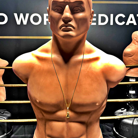 Golden Glove Boxing Necklace With Extra long 36 Inch Curb Chain Around the neck of combat sports bob dummy