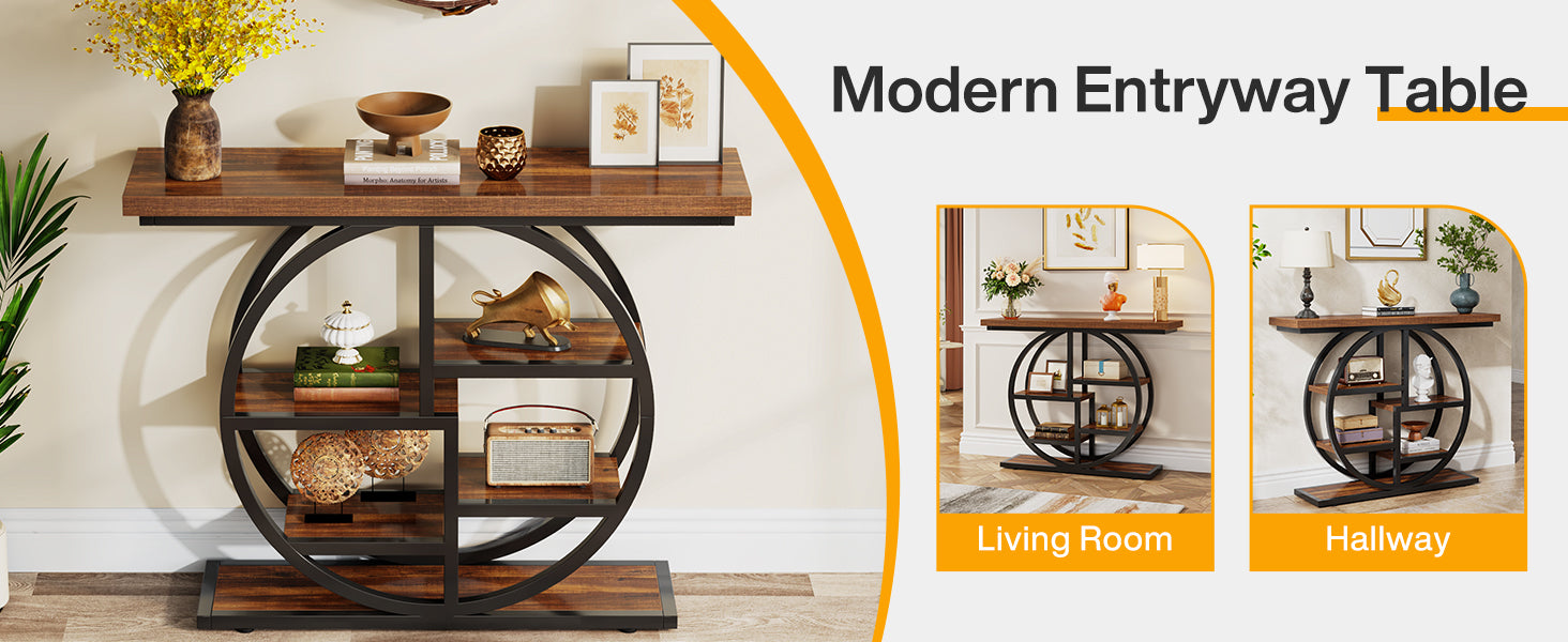 Tribesigns Industrial Console Table - 105cm Narrow 6-Tier Sofa Entryway Table with Circle Base, Storage Shelves
