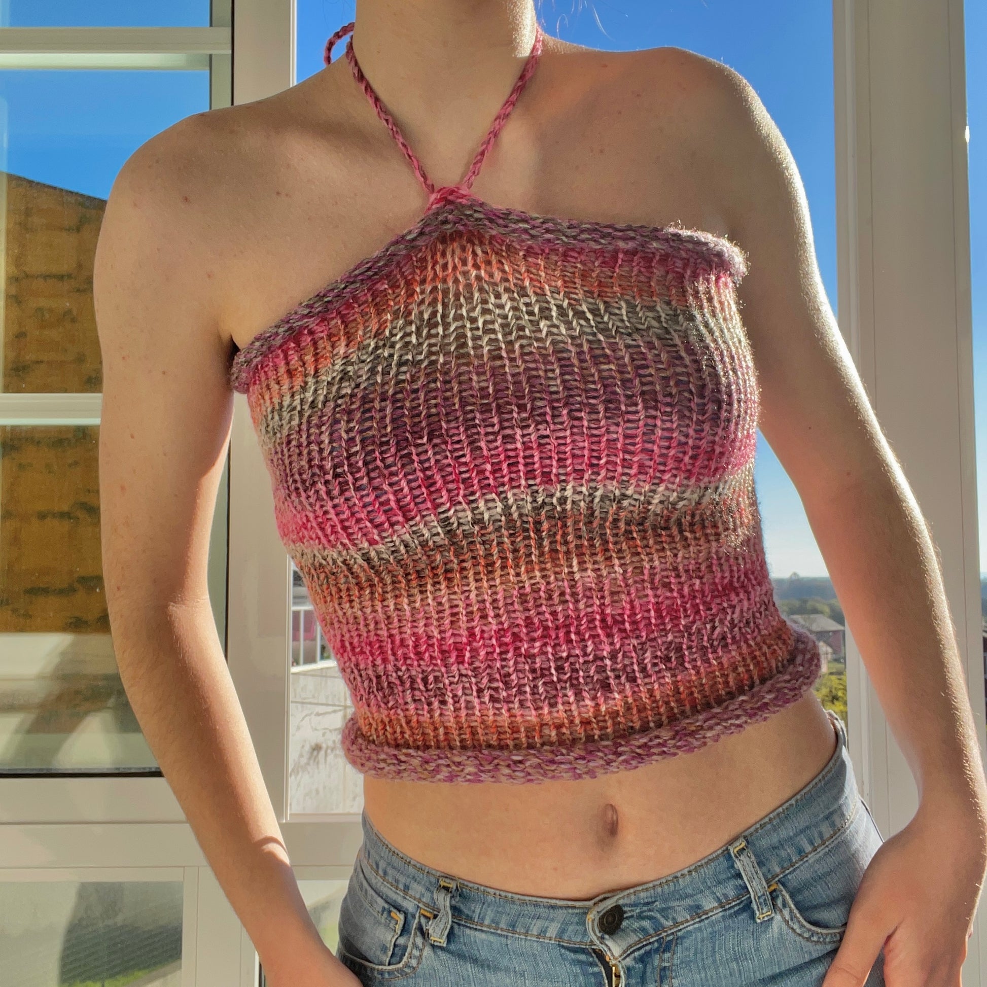 Radioactief Mens tweeling Handmade knitted halter top in pink, purple, coral and grey – Yarns Truly  Shop