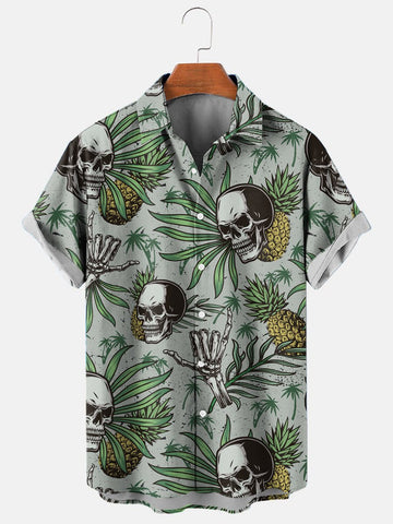 Men's Hawaiian Pineapple Skull Illustration Print Short Sleeve Shirt