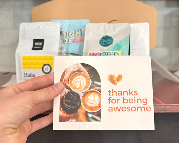 coffee gift set that includes a coffee beans from perth coffee roasters and a fun card saying "thanks for being awesome"