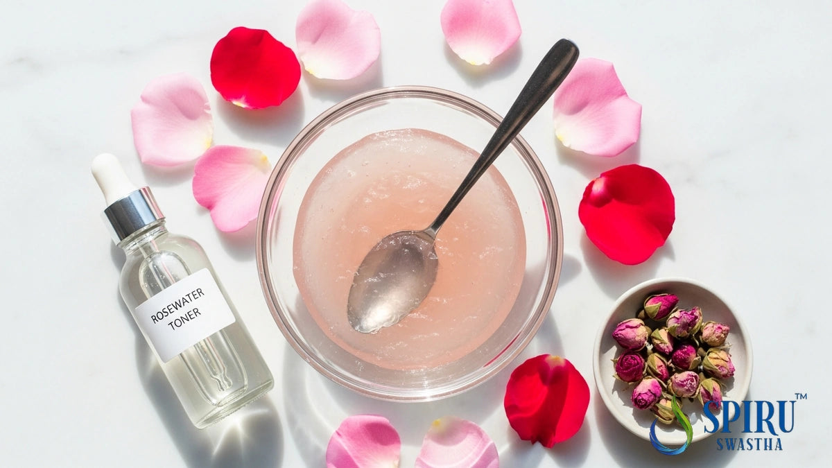 Homemade rose gel in a bowl with fresh rose petals.