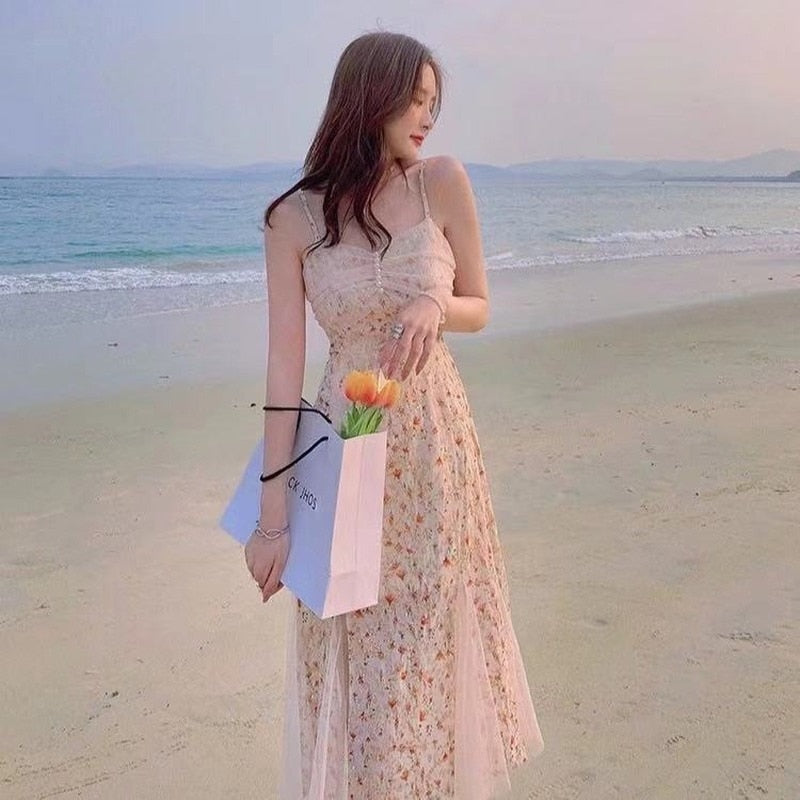 wavmit  2022  Elegant Vintage Strap Dress Women  Korea Style Floral Lace Midi Dress Female Beach Party One Piece Dress Korean Summer Chic