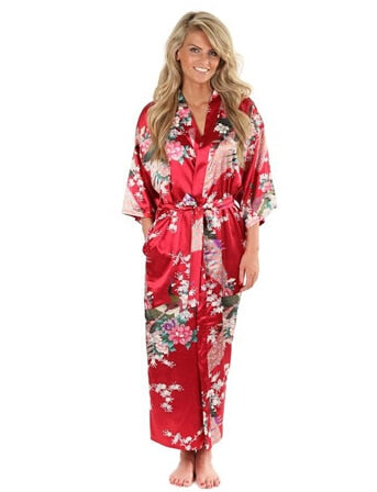 Wavmit  Brand New Black Women Silk Kimono Robes Long Sexy Nightgown Vintage Printed Night Gown Flower Plus Size S M L XL XXL XXXL A-045