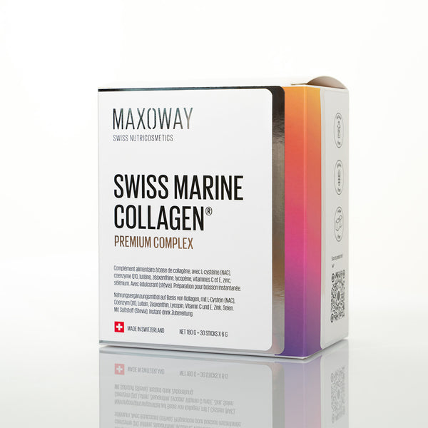 Maxoway boîte Swiss Marine Collagen Collagène marin suisse sur fond blanc