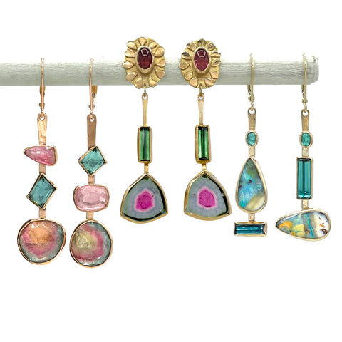 three sets of 14K solid gold colorful earrings in tourmaline opal and emerald