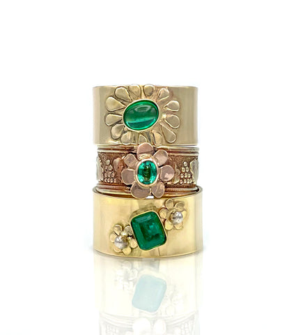 Stack of 3 wide band emerald rings in 14K solid yellow gold