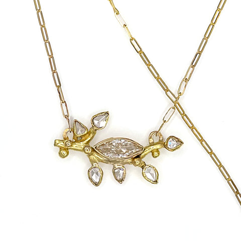 multi diamond leaf branch necklace in 14K solid yellow gold