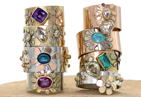Stack of High-end one of a kind ring designs, unique gemstone rings for engagements and anniversaries