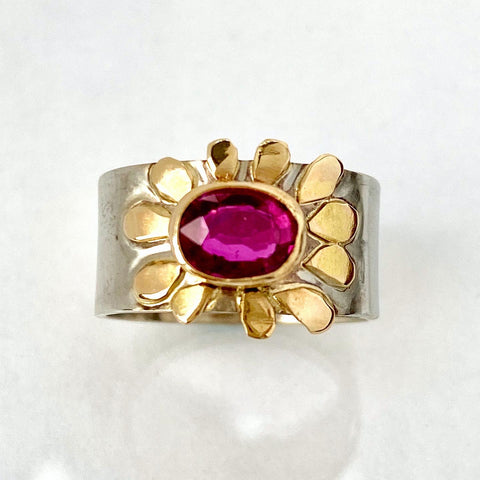 wide band ruby flower ring in 14K white gold
